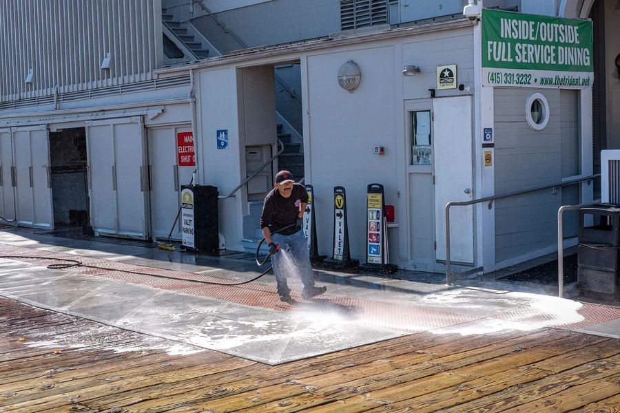 Pressure washing an outdoor deck
